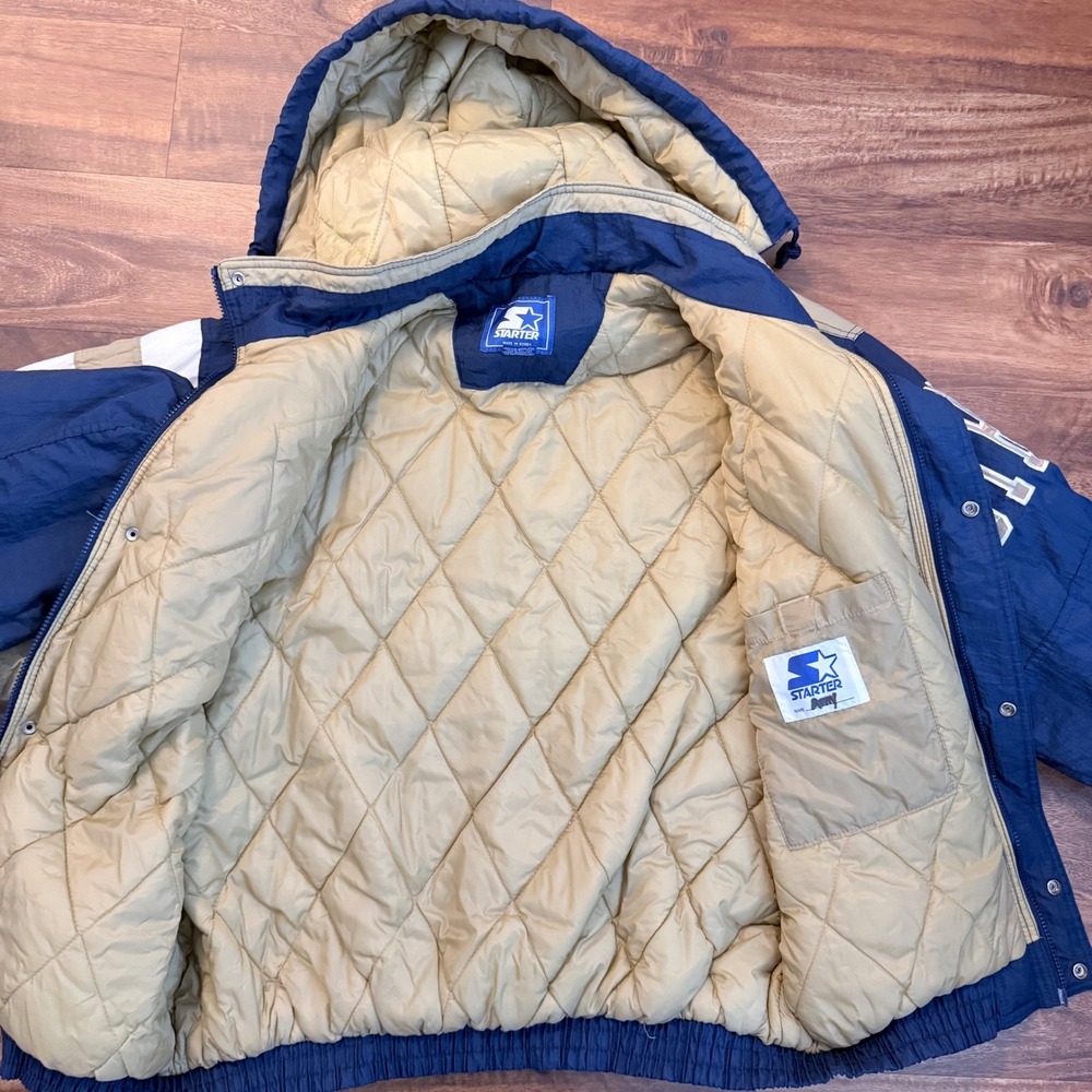 VTG 90s Starter Notre Dame Fighting Irish Puffer Jacket Navy Gold XL - Picture 6 of 10